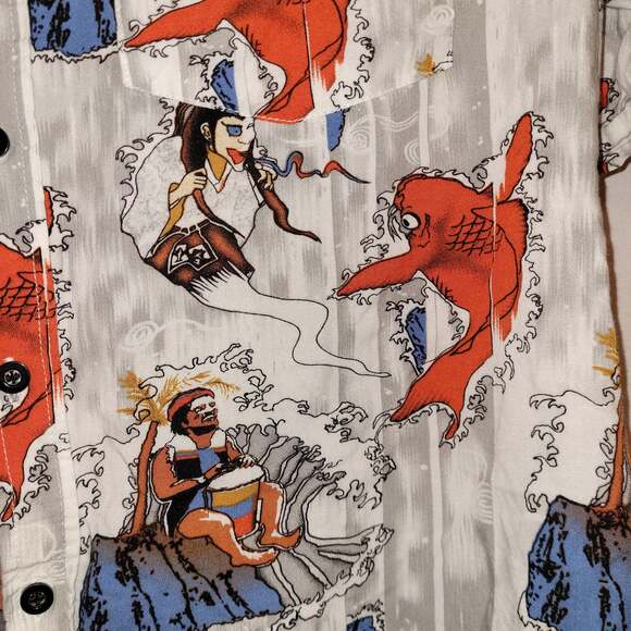 Book Oum orange koi fish button up shirt Med Novelty Indie Unique Asian - Picture 3 of 4